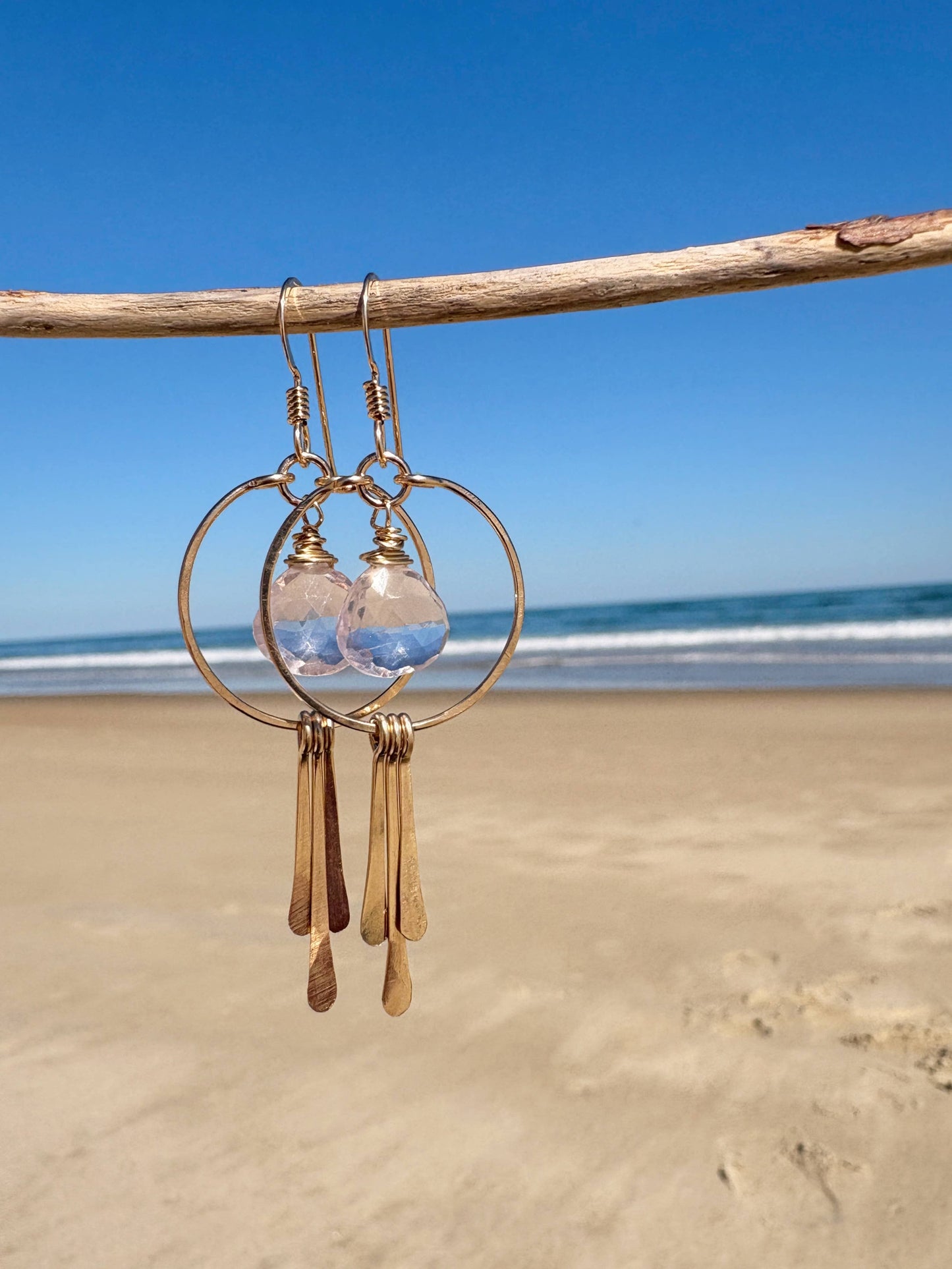 Small Circle Hoops Rose Quartz/Blue Topaz Triple Fringe