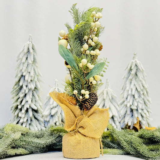 20" Pine Tree w/ Berries & Pinecones in Burlap Sack