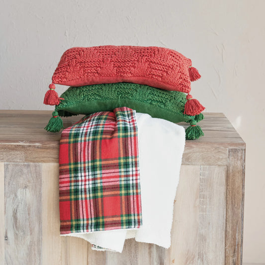 Red Woven Knit Lumbar Pillow w/ Tassels