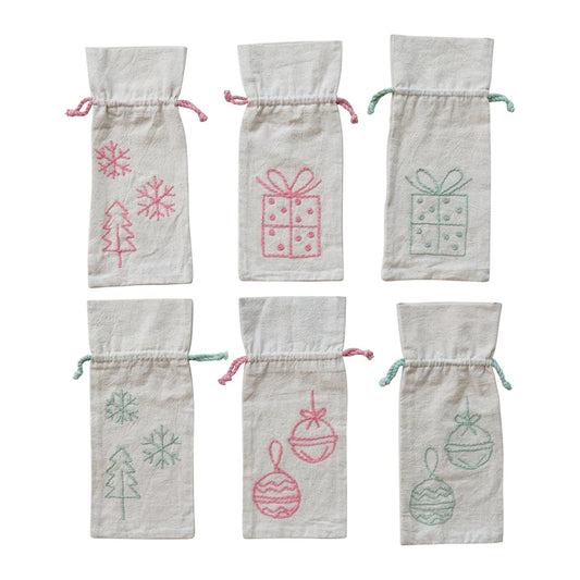 Drawstring Wine Bag w/ Embroidered Holiday Icon