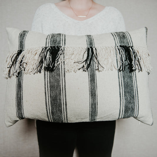 Vertical Stripe Lumbar Pillow with Fringe