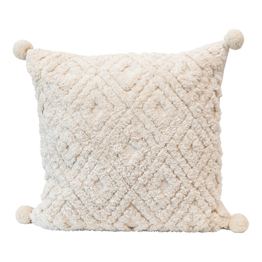 Cream Square Tufted Pillow w/ Poms