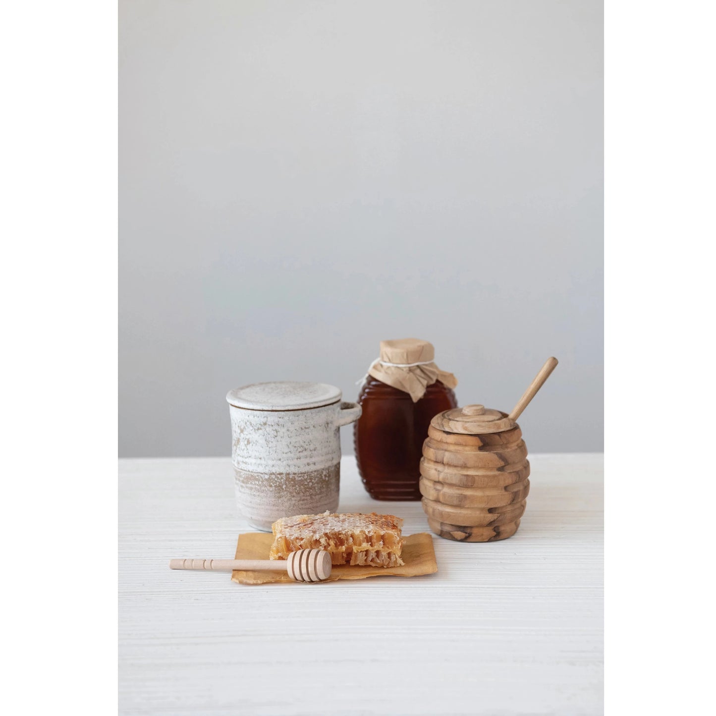 Stoneware Honey Jar W/Wood Honey Dipper