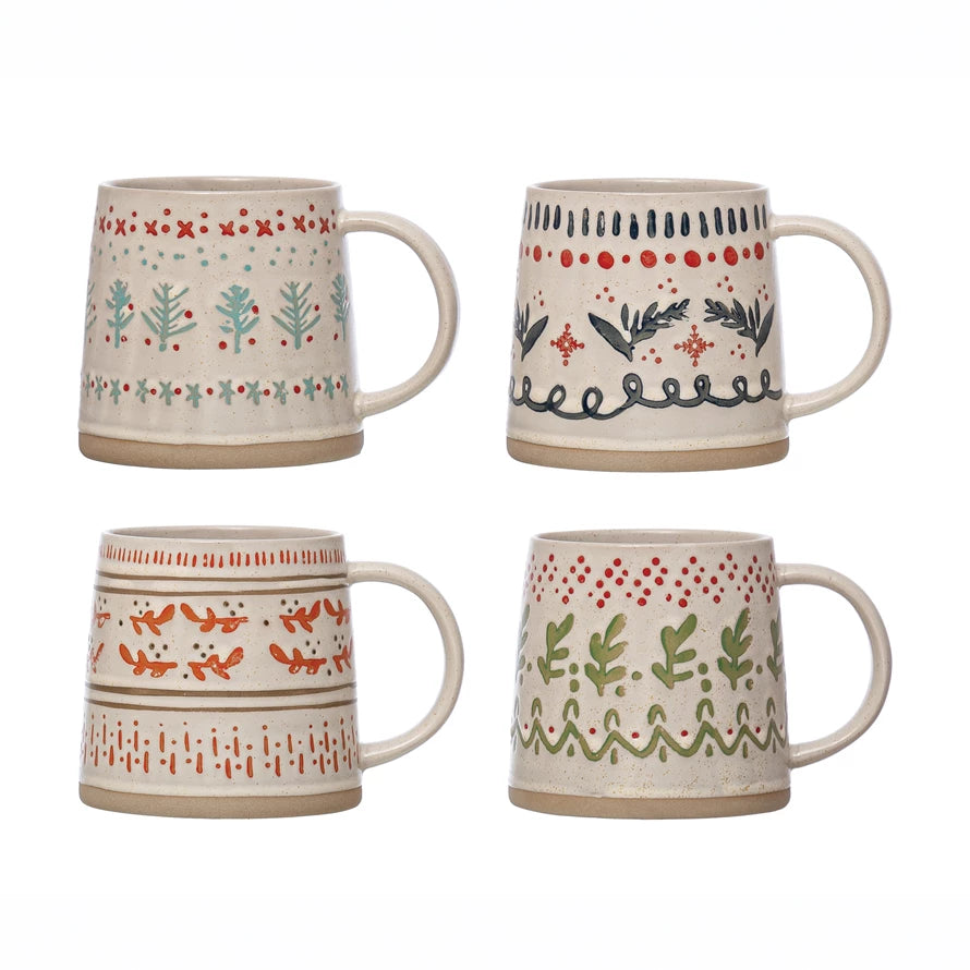 Hand-Stamped Stoneware Holiday Mugs